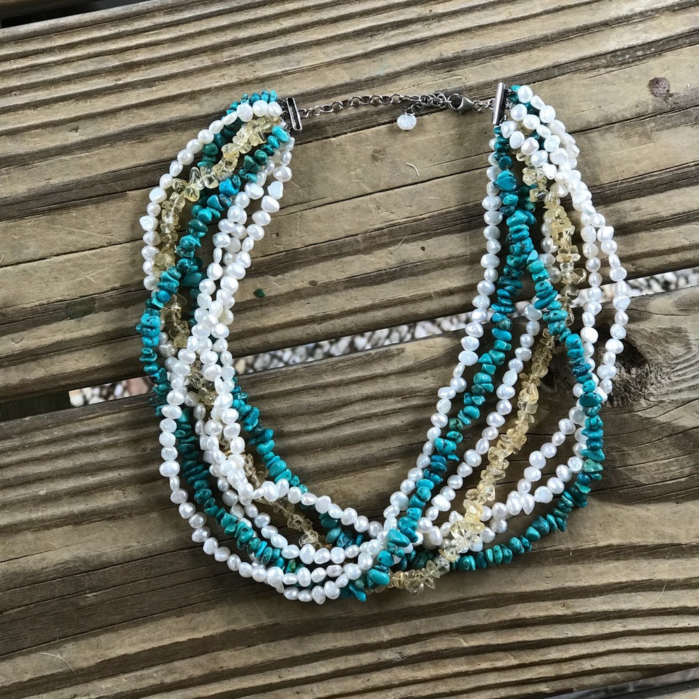 Turquoise, pearl, light amber necklace